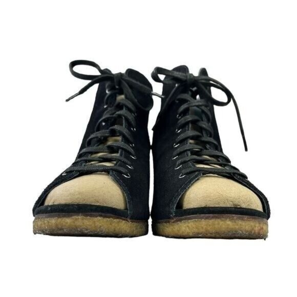 Ugg Elyse Black Leather Open Toe Lace Up Wedge Womens Booties Size 7 - Picture 8 of 12